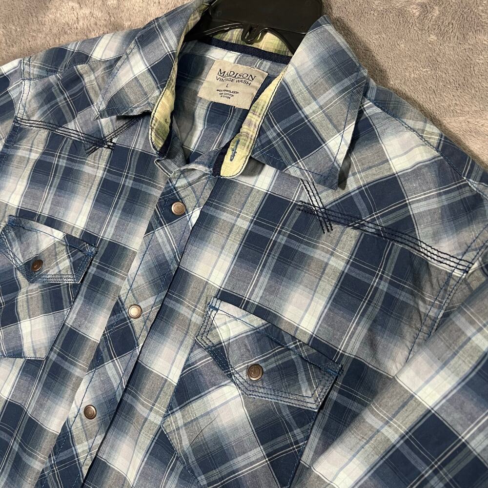 Madison Vintage Wash Men’s Large Blue Plaid Western Pearl Snap Shirt 100% Cotton